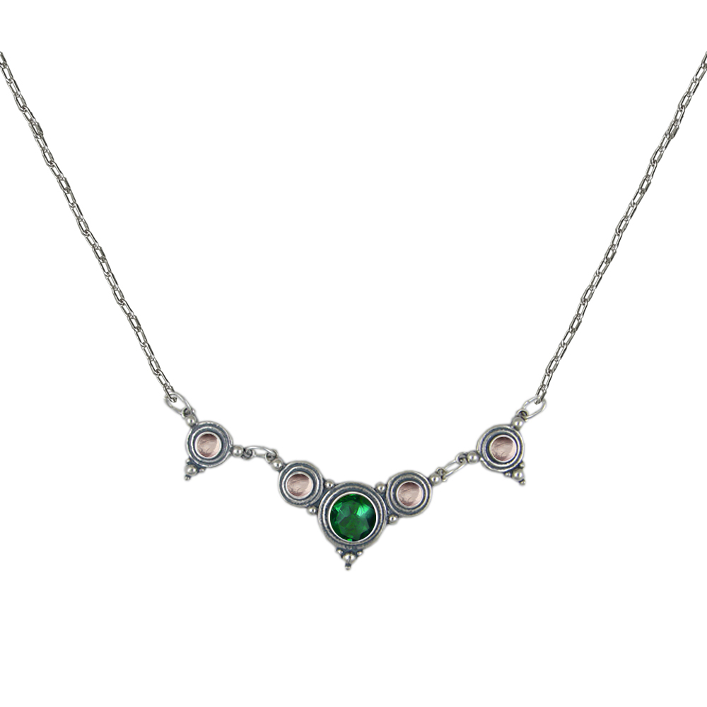 Sterling Silver Gemstone Necklace With Green And Rose Quartz